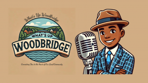 "What's Up Woodbridge" featuring a scenic illustration of houses, trees, and a river under a blue sky. The text "Connecting You to the Heart of Our Local Community" is displayed below. Next to the logo is an illustration of a smiling person in a checkered suit and fedora, holding an old-fashioned microphone.