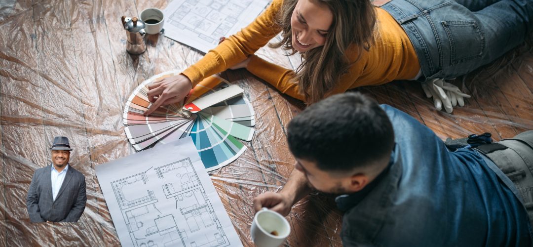 A man and woman lie on the floor, examining a color palette and architectural floor plans. They appear to be discussing home renovation ideas. A small image of a smiling man in a suit and hat is overlaid in the corner. The floor is covered with a protective sheet.