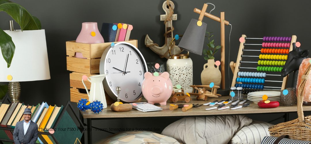 A cluttered tabletop with various decorative and functional items, including a large white clock, a pink piggy bank, a wooden abacus with colorful beads, books, and various ornaments. A small image of a man in a suit is superimposed in the lower left corner with text that reads: "Marketing Your FSBO Property - Proven Strategies for a Successful Sale." A lamp and a plant are also visible.