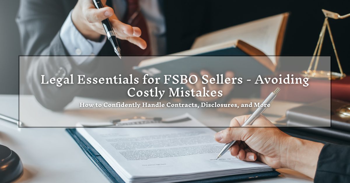 Two individuals in a professional setting discussing legal documents. One person holds a pen over a contract, while the other points at the document. Text overlay reads: "Legal Essentials for FSBO Sellers - Avoiding Costly Mistakes. How to Confidently Handle Contracts, Disclosures, and More."