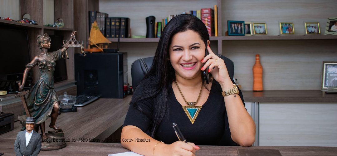 A smiling woman sits at a desk holding a phone to her ear, with a pen in her other hand poised over a document. The desk features a statue of Lady Justice, and shelves in the background display books and photos. An inset image of a man in a hat is at the bottom left. Text overlay reads: "Legal Essentials for FSBO Sellers - Avoiding Costly Mistakes."