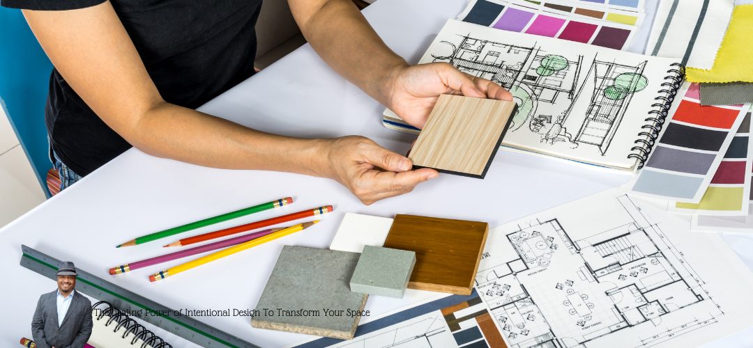 A person holding a wooden laminate sample over a desk cluttered with interior design tools, including color swatches, architectural sketches, and colored pencils. A small image of a man in a suit and hat is in the lower left corner with text reading, "The Inspiring Power of Intentional Design To Transform Your Space."