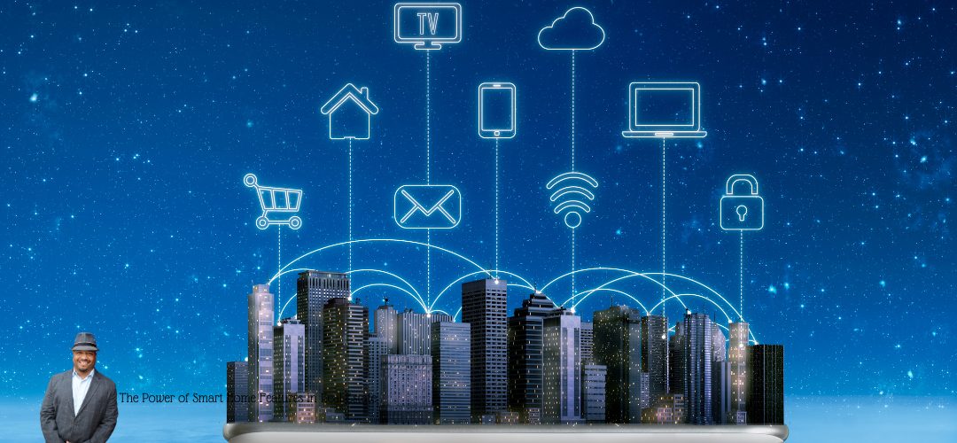 A miniature cityscape with tall buildings is depicted against a starry night sky. Above the city, glowing icons represent various smart technologies like a TV, cloud, smartphone, laptop, Wi-Fi, lock, email, shopping cart, and home. A person in a suit and hat stands in the lower left corner. The text "The Power of Smart Home Features" is visible near the bottom.