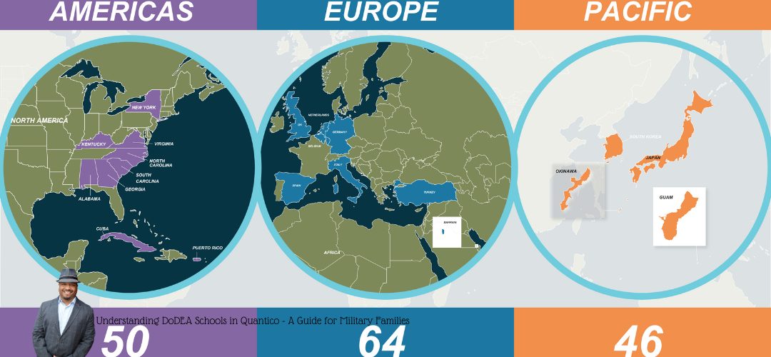 A map divided into three sections labeled "Americas," "Europe," and "Pacific," showing locations of DoDEA schools. The Americas section highlights states like Kentucky and North Carolina with "50" at the bottom. Europe shows countries like Germany with "64" below. The Pacific section includes Japan and Guam with "46" below. The bottom text reads "Understanding DoDEA Schools in Quantico: A Guide for Military Families." A person in business attire is visible in the bottom left corner.