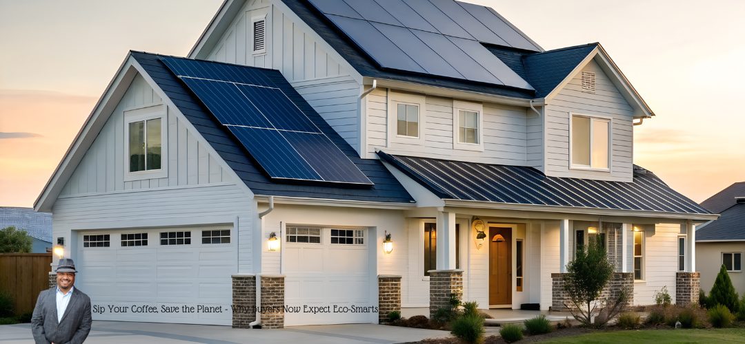 A modern two-story house with solar panels on the roof, set in a suburban neighborhood. The house features a white exterior with a porch and two garage doors. A person in a suit and hat stands in the foreground. The text overlay reads: "Sip Your Coffee, Save the Planet - Why Buyers Now Expect Eco-Smarts." The scene is captured at sunset, highlighting an eco-friendly living theme.