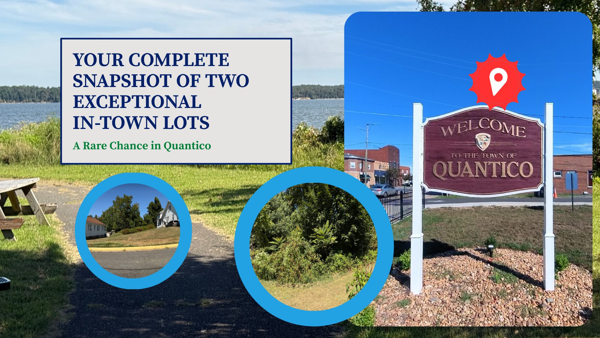 A collage showcasing a scenic riverside with a wooden bench, overlay text stating "Your Complete Snapshot of Two Exceptional In-Town Lots - A Rare Chance in Quantico." Inset images show a grassy lot with houses and greenery, and a "Welcome to the Town of Quantico" sign near a street.