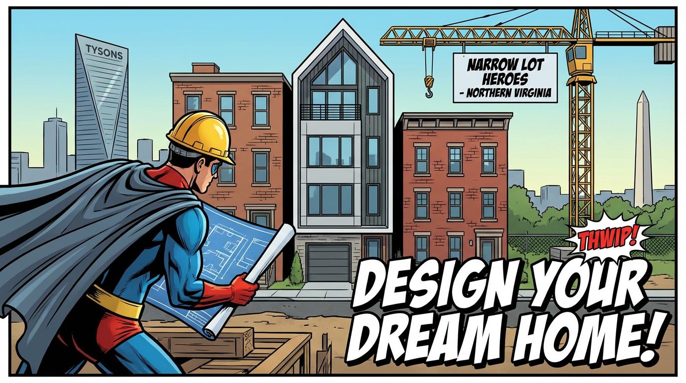 A comic-style illustration featuring a superhero in a hard hat and cape holding a blueprint, facing a modern townhouse under construction. A crane with a sign reading "Narrow Lot Heroes - Northern Virginia" is visible. The city skyline, including a building labeled "Tysons" and a distant monument, is in the background. Text in bold letters says, "Design Your Dream Home!"