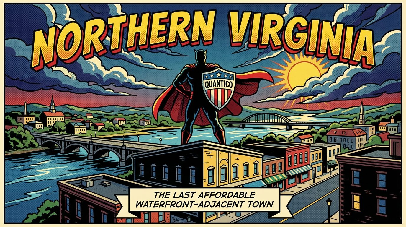 : A comic-style illustration depicting a superhero with a cape standing on a rooftop, holding a shield labeled "Quantico" against the backdrop of a scenic town and river. The text "Northern Virginia" is prominently displayed above the superhero, with a setting sun and dramatic clouds adding to the vibrant atmosphere. Below, a caption reads "The Last Affordable Waterfront-Adjacent Town."