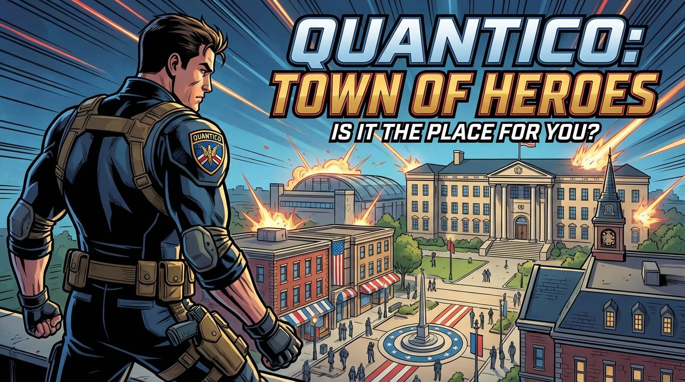 A comic-style illustration featuring a man in tactical gear labeled "Quantico" observing a town square from a rooftop. The scene shows a prominent government building, American flags, and people walking. Explosions and dramatic lines are drawn in the sky. The text above reads "Quantico: Town of Heroes" with a subheading "Is it the place for you?"