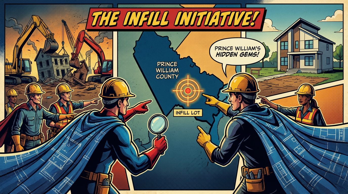 A comic-style illustration titled "The Infill Initiative" showing a construction-themed scene. Two superheroes in hard hats and capes made of blueprint designs point to a map of Prince William County with a highlighted "Infill Lot." Speech bubbles mention "Prince William's Hidden Gems." On the left, construction workers and machinery are demolishing a building, while on the right, a newly constructed house is seen.