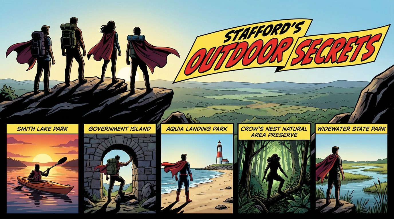 Comic book-style illustration titled "Stafford's Outdoor Secrets" featuring four adventurers with backpacks and capes standing on a rocky cliff, gazing over a vast landscape at sunset. Below, five panels depict different outdoor locations labeled: Smith Lake Park, Government Island, Aquia Landing Park, Crow's Nest Natural Area Preserve, and Widewater State Park. Scenes include kayaking at sunset, exploring a stone archway, walking by a lighthouse, hiking through a forest, and standing by a marsh.