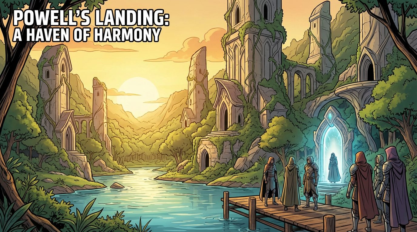 A fantasy illustration depicting a serene landscape with a river flowing through lush greenery. Ancient, vine-covered stone structures stand on either side of the river. In the foreground, several robed and armored figures gather on a wooden dock, gazing towards a glowing portal set within one of the structures. The sky is aglow with the warm hues of a setting sun. Text at the top reads, "Powell's Landing: A Haven of Harmony."