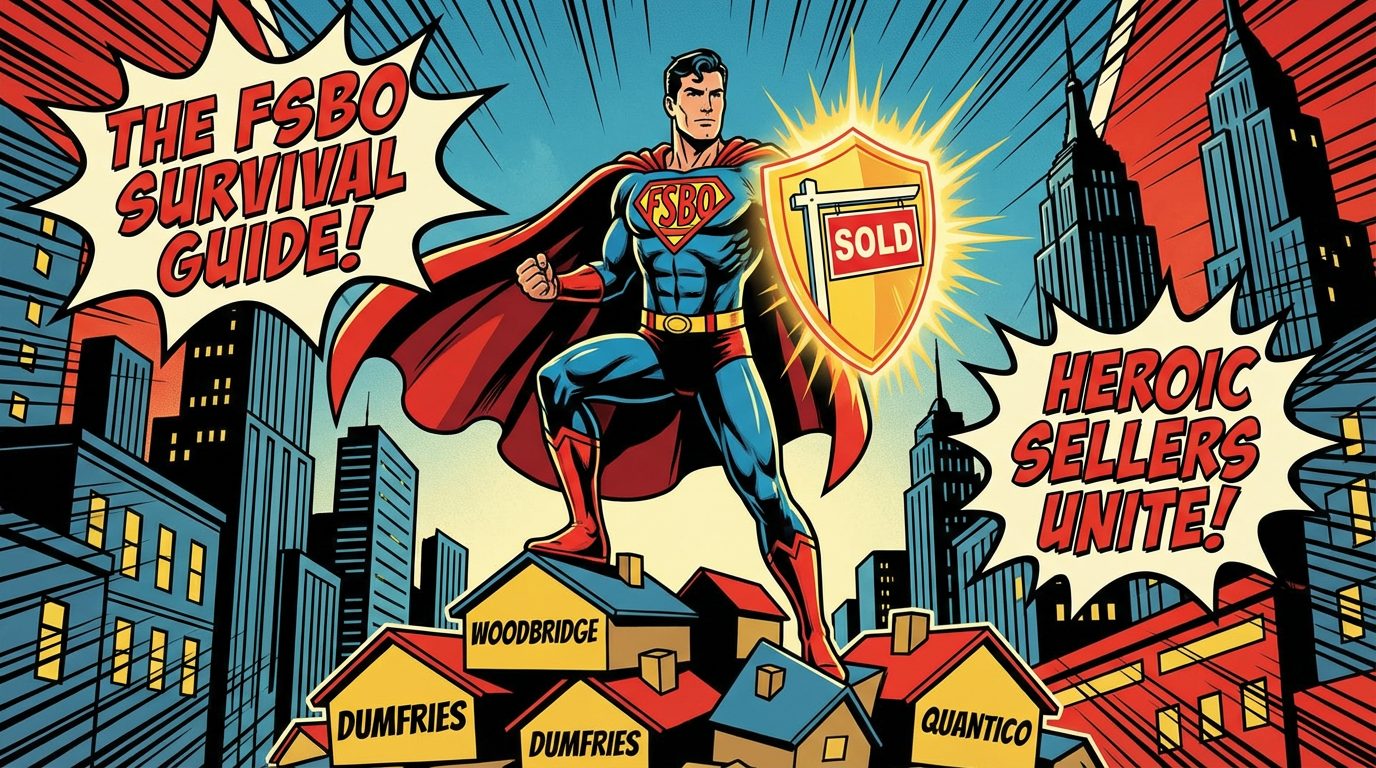 A comic book-style illustration featuring a superhero labeled "FSBO" standing on rooftops in a cityscape. The superhero holds a shield with a "SOLD" sign. Speech bubbles exclaim "The FSBO Survival Guide!" and "Heroic Sellers Unite!" Below are rooftops labeled "Woodbridge," "Dumfries," and "Quantico." The city skyline features tall buildings against a blue sky.