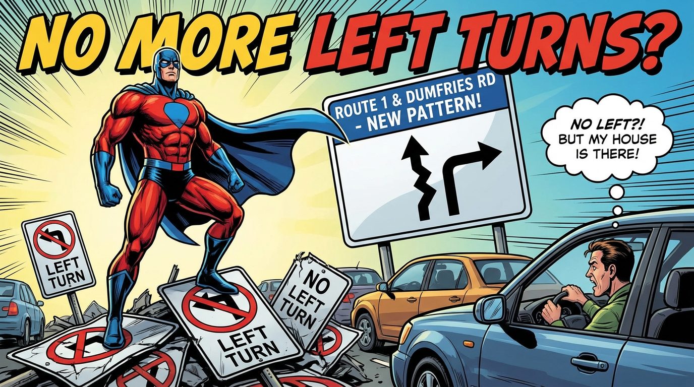 A comic-style illustration depicts a superhero in a red-and-blue costume standing triumphantly atop a pile of "No Left Turn" signs. In the background, a road sign reads "Route 1 & Dumfries Rd - New Pattern!" with a symbol indicating no left turns. A frustrated driver in a car looks at the sign, with a thought bubble saying, "No left?! But my house is there!" The scene is captioned with "No More Left Turns?" in bold letters.